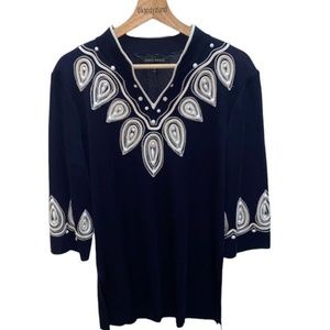 MING WANG Beaded Embellished V Neck Tunic Women’s Top Navy Blue